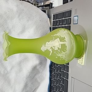Vintage green satin Westmoreland HP Mary Gregory bud vase 6" girl flowers